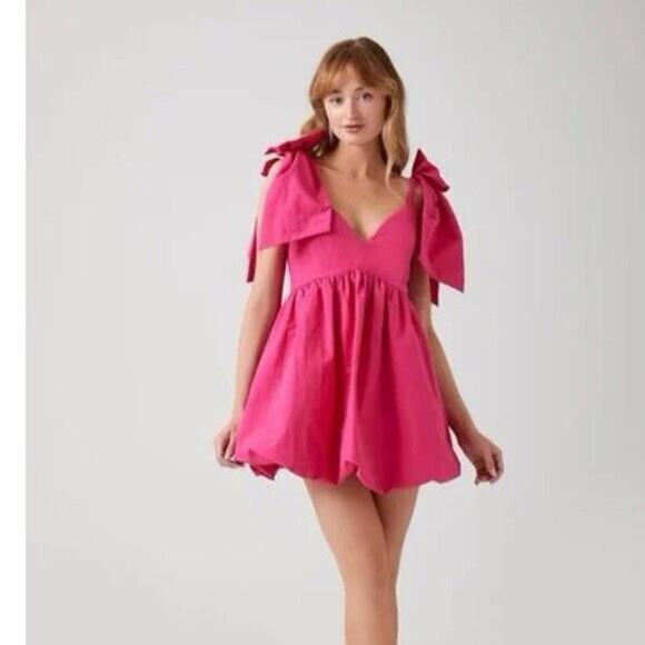 Forever 21 Plunging Bow Babydoll Dress in Hot Pink Bubble Barbie Small - Picture 1 of 5